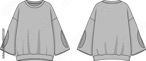 Oversized Crew Neck Sweatshirt with Elbow Patch Front and Back View Flat CAD Drawing Blank Apparel Mockup Template