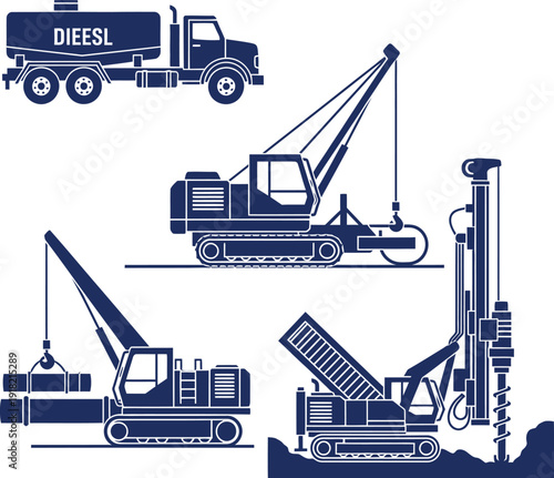 Heavy machinery including drilling rig crawler crane and fuel truck