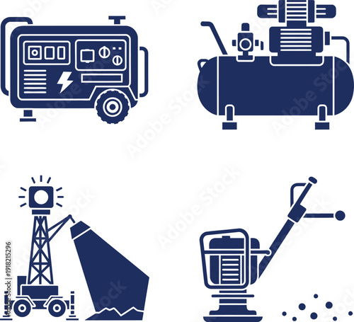 Industrial equipment icons including generator air compressor light tower and compactor Keywords: generator, air compressor, light