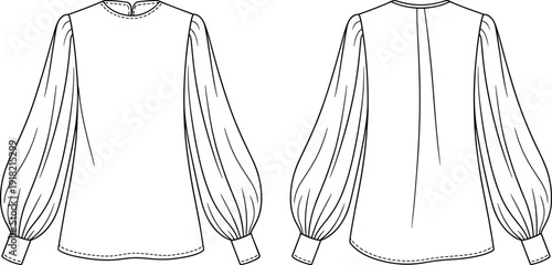 Women Blouse with Puff Sleeve Technical Flat Sketch Front and Back View Fashion CAD Outline Vector Template
