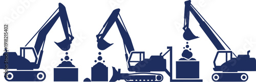 Three dark blue construction excavators digging and moving dirt and rocks vector