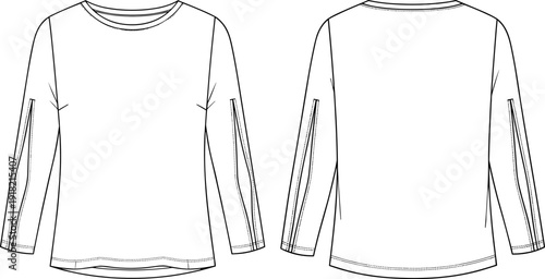 Women Long Sleeve Slit Detail Top Front and Back View Flat Vector Fashion Apparel Template Design