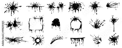 Set of black ink splashes brush strokes and grunge paint splatters