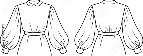 Women Peter Pan Collar Puff Sleeve Blouse Technical Flat Sketch Front and Back View Fashion CAD Vector Template