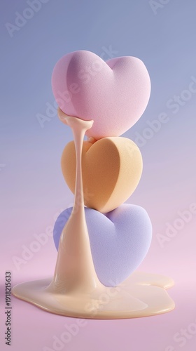 A stack of three hearts with a white substance dripping from the middle