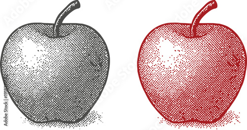 halftone red apple icon isolated on white background, black and red vector illustration of fresh fruit with dot shading for healthy food, juice, and organic diet concepts.