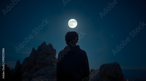 A person gazing at the moon from the mountaintop