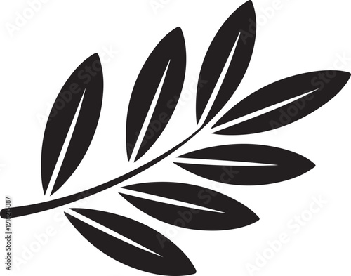 Minimalist olive branch vector silhouette with nine leaves symbolizing peace harmony nature and decorative design element