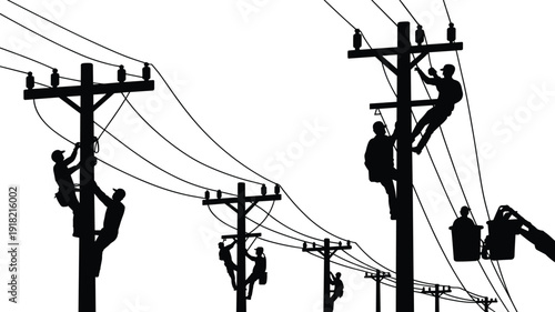 Black silhouette utility lineman workers climbing electric poles and repairing power lines for electricity maintenance, electrical infrastructure, energy industry, and grid repair vector illustration