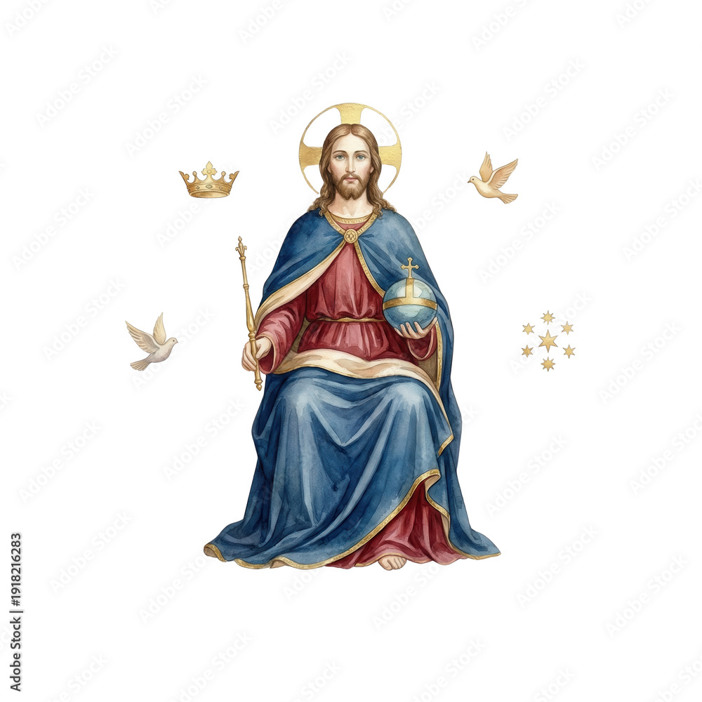Fototapeta premium Watercolor Illustration of Jesus Christ Enthroned, Surrounded by Symbols of Royalty and Divinity