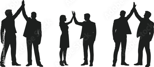Silhouette pairs giving high five, teamwork concept, business success illustration, professional unity, celebration gesture, corporate motivation, encouragement, partnership