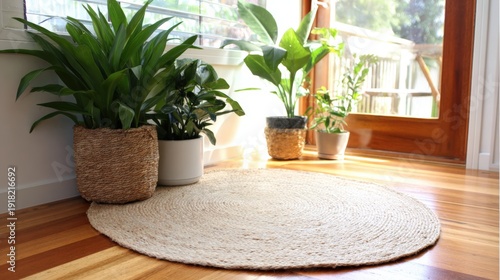 A cozy indoor setting featuring a round jute rug surrounded by various indoor plants, creating a warm and inviting atmosphere, ideal for home decor, wellness, and lifestyle projects,