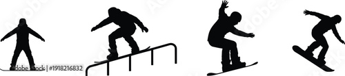 Snowboarder silhouettes performing tricks, rail slide, aerial jump, winter sports illustration, extreme snowboarding action, freestyle moves, athletic balance, dynamic motion