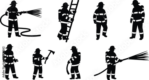 Black vector silhouette icon set of firefighters in protective gear using fire hoses climbing ladders and holding axes for emergency service and rescue branding