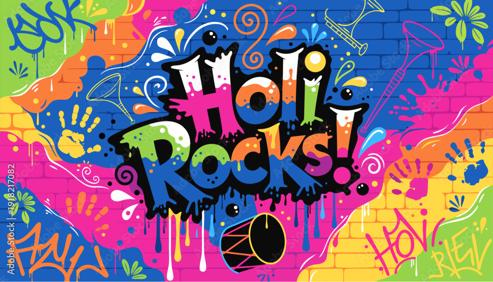 Fototapeta premium A vibrant vector graphic illustration celebrating Holi with colorful graffiti and paint splatters