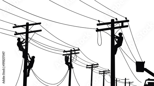 Black silhouette utility lineman workers climbing wooden electric poles to repair high voltage power lines for electricity maintenance, infrastructure, and energy industry vector illustration