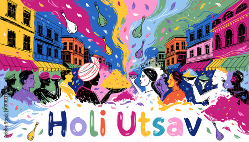A vibrant illustration of people celebrating Holi Utsav with colorful powders and waters in a lively street scene