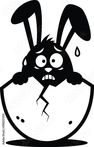 Angry cartoon bunny hatches from a cracked eggshell with large ears and worried expression