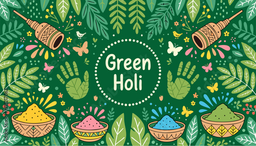 A vibrant vector illustration celebrating Green Holi with colorful powders and festive decorations