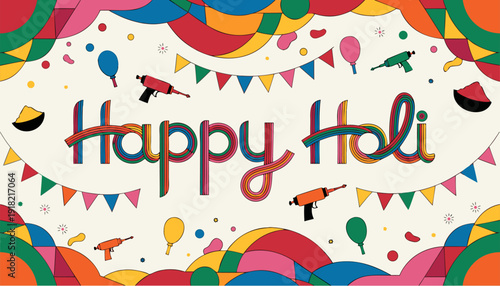 A vibrant and colorful illustration celebrating the Holi festival with confetti, balloons, and water guns