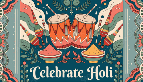 A vibrant illustration celebrating Holi with colorful drums and powders