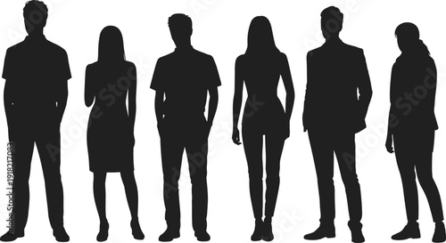 Silhouette group of diverse people standing together, casual and formal attire mix, diversity concept, anonymous figures, human presence illustration