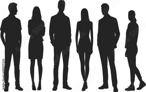Group silhouettes, standing people, professional attire, semi-formal clothing, diversity, teamwork, anonymity, human posture, office workers, colleagues, corporate lifestyle, design elements