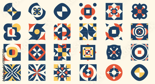 Set of Abstract Geometric Pattern Icons in Modern Design, Beige Background