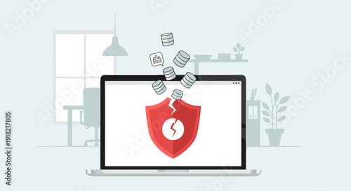 A laptop screen displays a broken red shield with various database icons falling from the top.