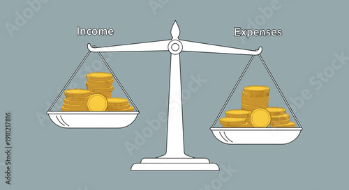A balance scale shows Income and Expenses with more gold coins on the expense side, indicating imbalance.