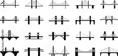 Collection of construction site cranes, fishing boat silhouettes and bridge architecture icons, industrial building projects and outdoor maritime hobby vector illustration set