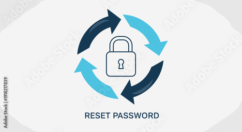 A padlock icon with RESET PASSWORD text is encircled by blue refresh arrows on a white background.