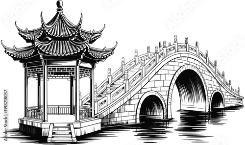 Traditional Chinese garden pavilion and stone arch bridge illustration in minimalist black and white ink style