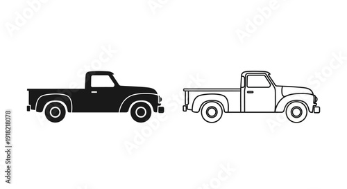 Vintage pickup trucks illustration, classic vehicles, retro design, black and white Vector