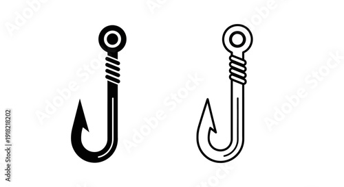 Black and white fish hooks with different designs and patterns, simple and clean Vector