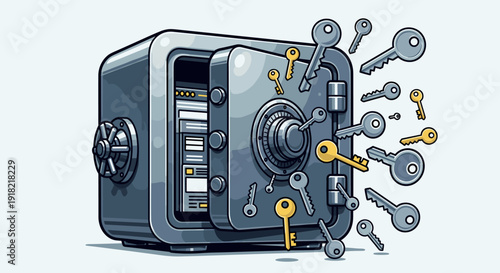 An open safe with documents inside has multiple keys flying out, symbolizing data security and access.