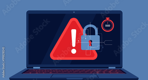 A laptop screen displays a red warning triangle and a digital padlock with a timer, indicating a security alert.