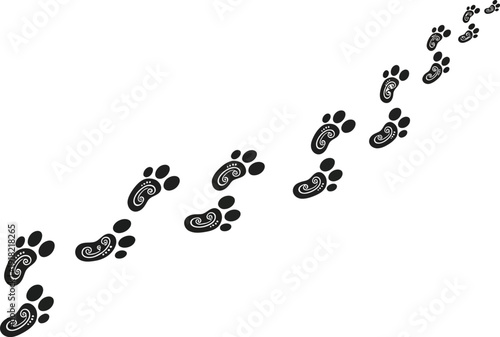 Unique black footprints with swirling designs trail upward on a white background gradually