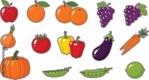 Colorful illustration of various fresh fruits and vegetables on white background