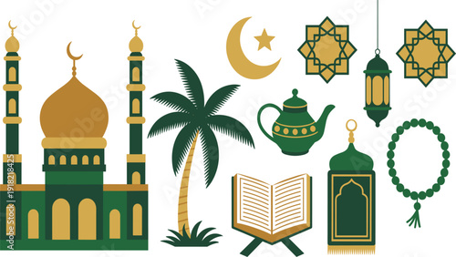 Islamic Ramadan Mubarak elements set with mosque, lantern, Quran, prayer beads, moon and palm tree vector