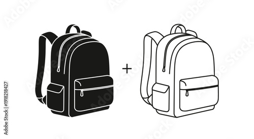 Two backpacks, one black and one white, side by side, with a plus sign in between. Vector