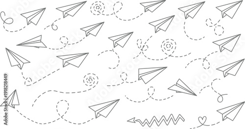 Many paper airplanes flying in different directions with dotted lines and swirls around them