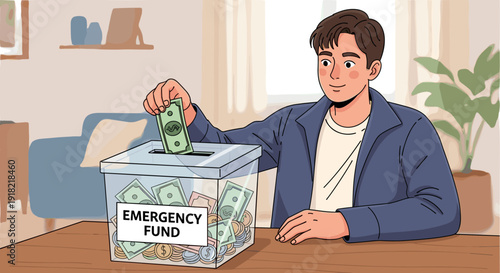 A man in a blue shirt is smiling while placing a dollar bill into a clear box labeled EMERGENCY FUND.