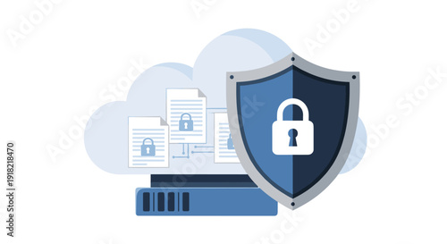 A large blue security shield with a padlock protects files stored in a cloud environment with server racks.