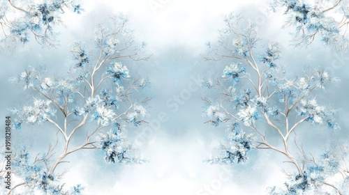 A serene and elegant illustration of delicate blue flowers and branches, perfect for use in greeting cards, home decor, or digital backgrounds, bringing a calming atmosphere to any project,