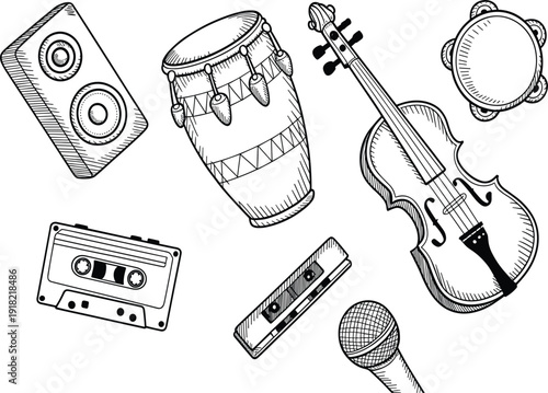 Musical instruments and audio equipment sketches including violin, drum, speaker, microphone, cassette, and tambourine vector
