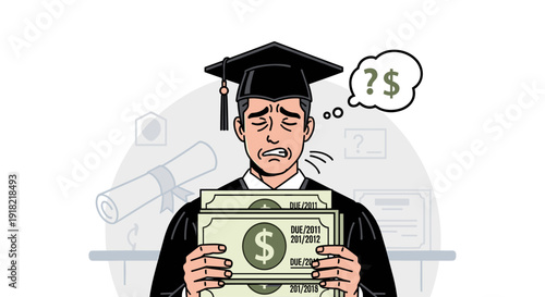 A distressed graduate in a cap and gown holds money with due dates, showing concern over student loans.