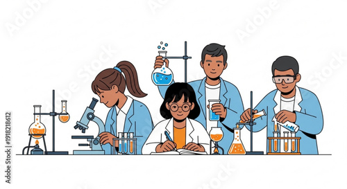 Four diverse students in lab coats conducting experiments with colorful chemicals and equipment in a science lab setting