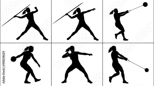 Female athlete silhouettes in dynamic sports poses with javelin and ball