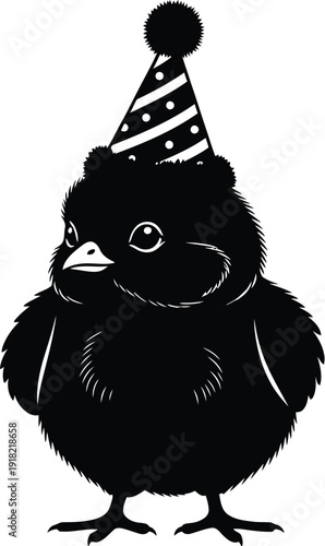 Adorable cartoon chick wearing a festive party hat with stripes and dots celebration